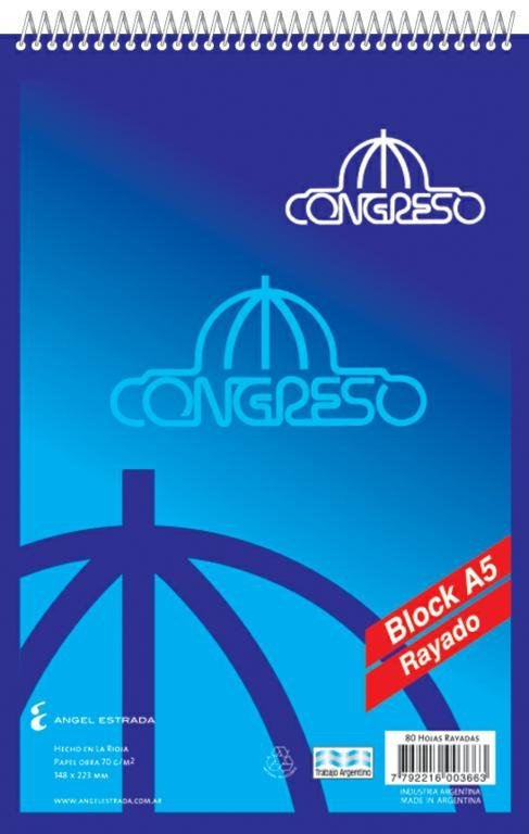 BLOCK CONGRESO ESPIRAL A5 80 HOJAS RAYADO