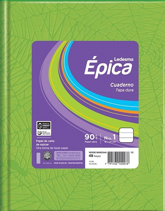 CUADERNO EPICA N1 TAPA DURA 90 GRS 48 HOJAS VERDE MANZANA