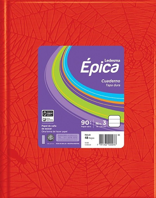 CUADERNO EPICA Nº3 TAPA DURA 90 GRS 48 HOJAS ROJO RAYA