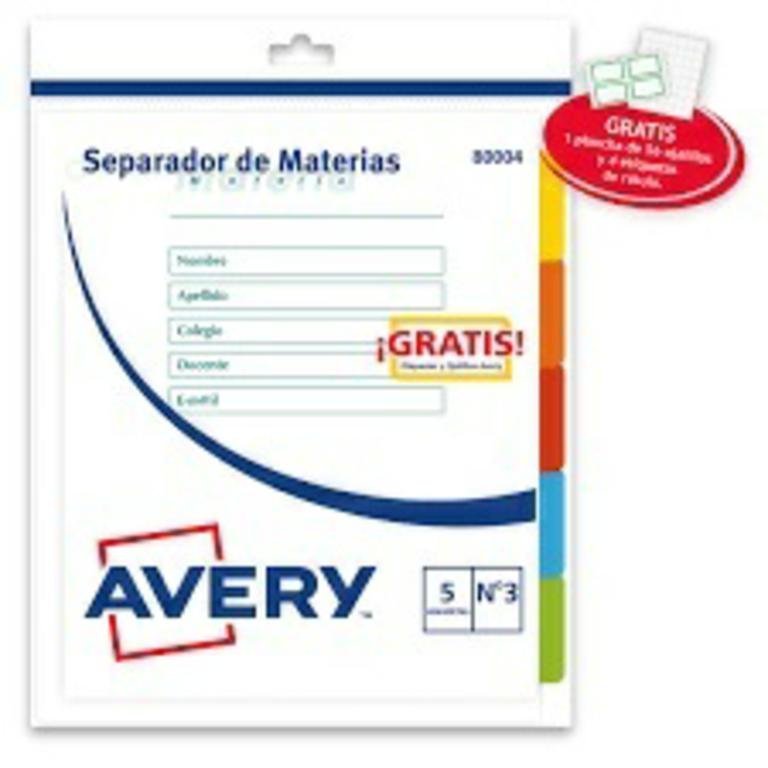 SEPARADOR MATERIAS AVERY ESCOLAR x 5        080004