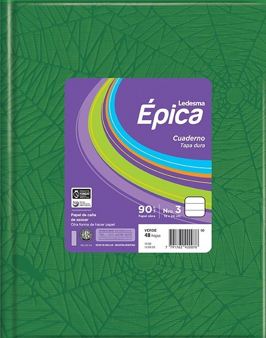 CUADERNO EPICA Nº3 TAPA DURA 90 GRS 48 HOJAS VERDE RAYA