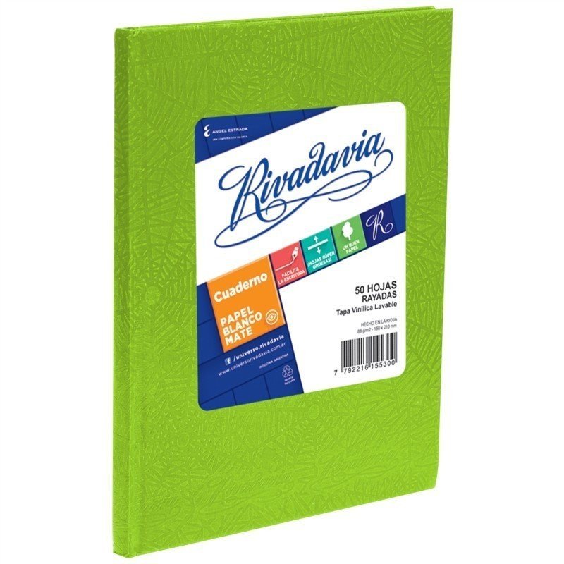 CUADERNO RIVADAVIA TAPA DURA 50 HOJAS VERDE MANZANA