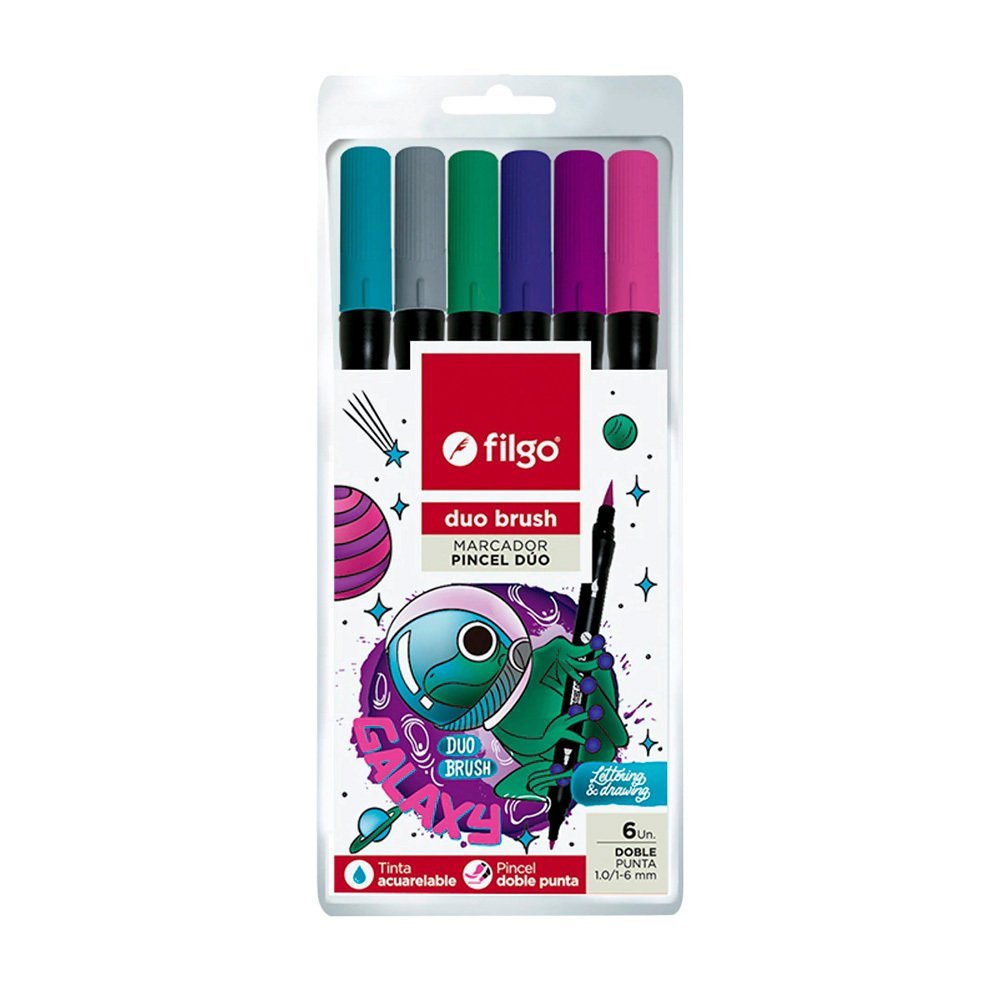 MARCADOR FILGO DUO BRUSH DOBLE PUNTA GALAXY x 6 COLORES