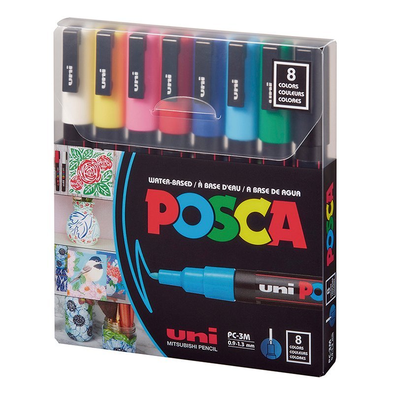 MARCADOR UNI POSCA PC-3M PUNTA MEDIA x 8 COLORES CLASICOS