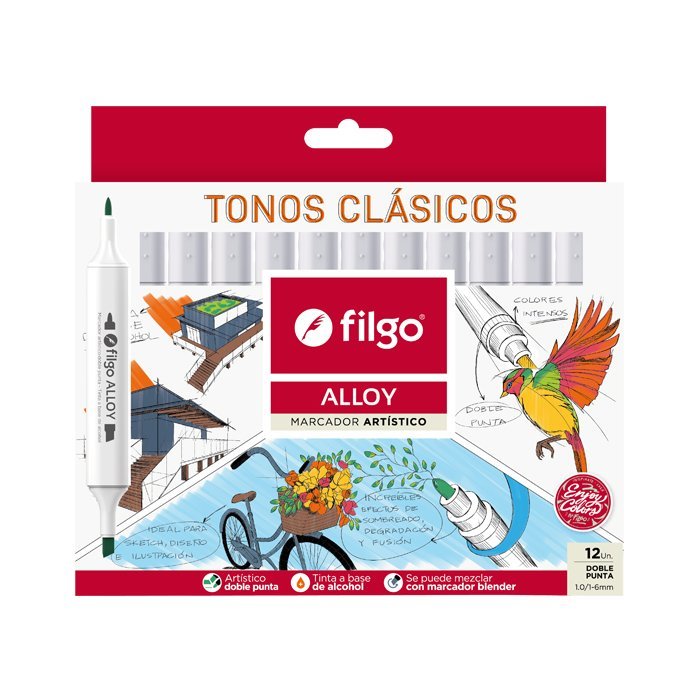 MARCADOR FILGO ALLOY DOBLE PUNTA x 12 COLORES CLASICOS