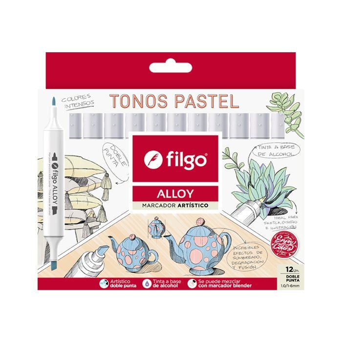 MARCADOR FILGO ALLOY DOBLE PUNTA x 12 COLORES PASTEL
