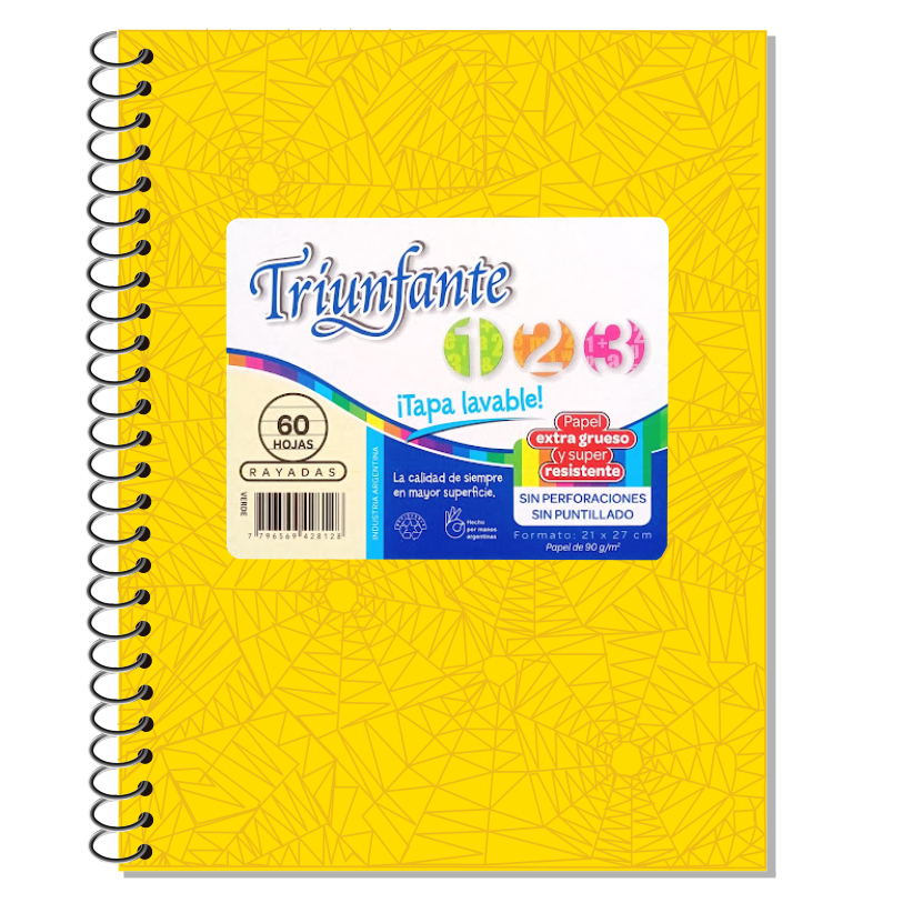 CUADERNO TRIUNFANTE 123 ESPIRAL 21×,27 60 HOJAS AMARILLO CUADRO