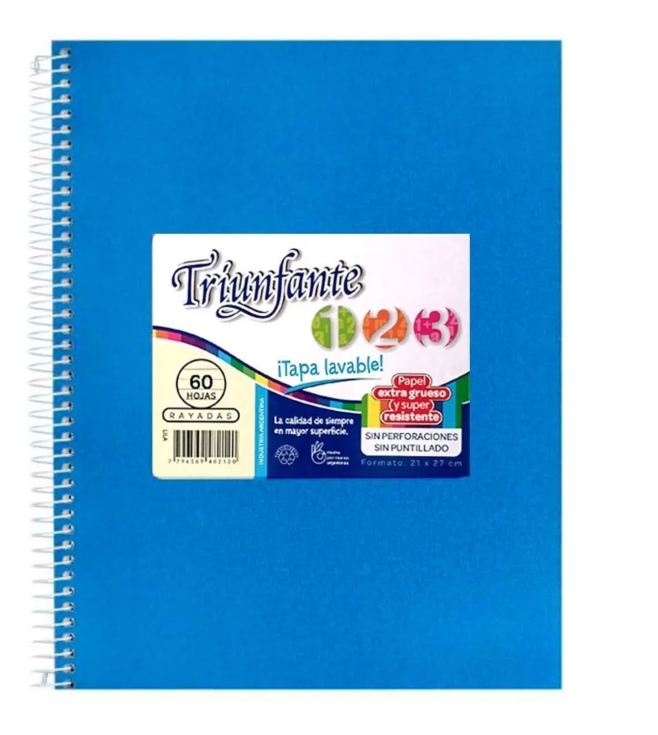 CUADERNO TRIUNFANTE 123 ESPIRAL 21×,27 60 HOJAS CELESTE CUADRO