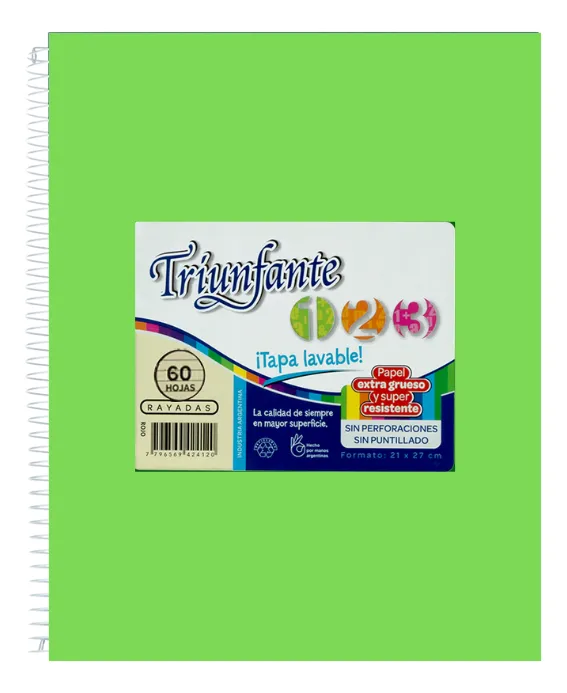 CUADERNO TRIUNFANTE 123 ESPIRAL 21×,27 60 HOJAS VERDE MANZANA RAYA