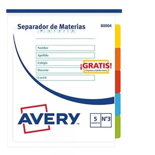 SEPARADOR MATERIAS AVERY ESCOLAR x 5        080005