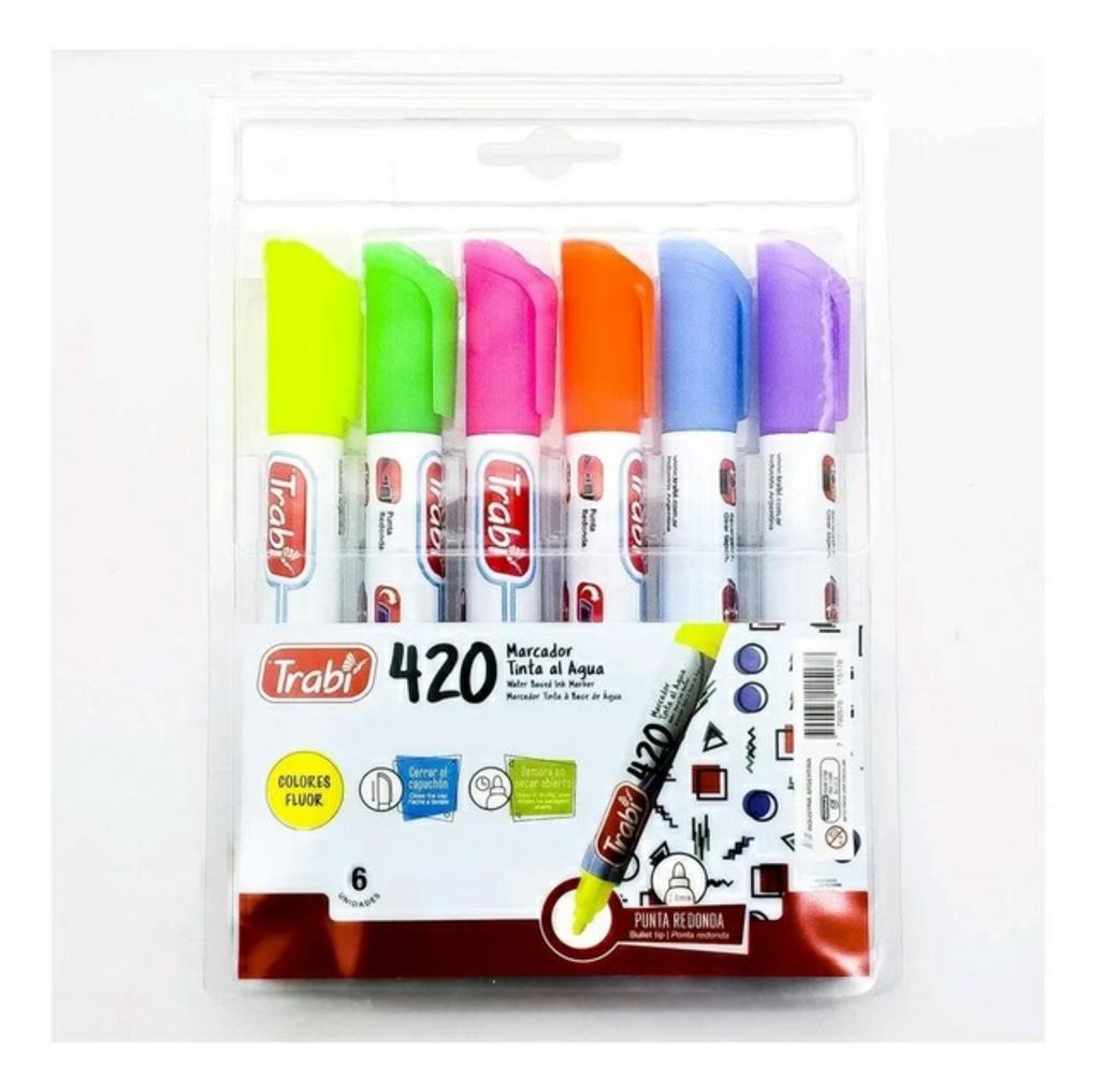 MARCADOR TRABI 420 AL AGUA x 6 COLORES FLUO